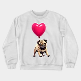 Cute Pug on Valentine's Balloon - Adorable Pug Hanging on Heart Balloon Crewneck Sweatshirt